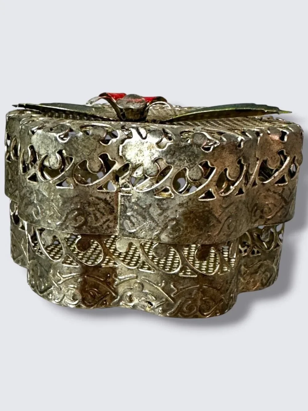 Vintage Handcrafted Silver-Tone Flower Trinket Box With Filigree Design And Enam